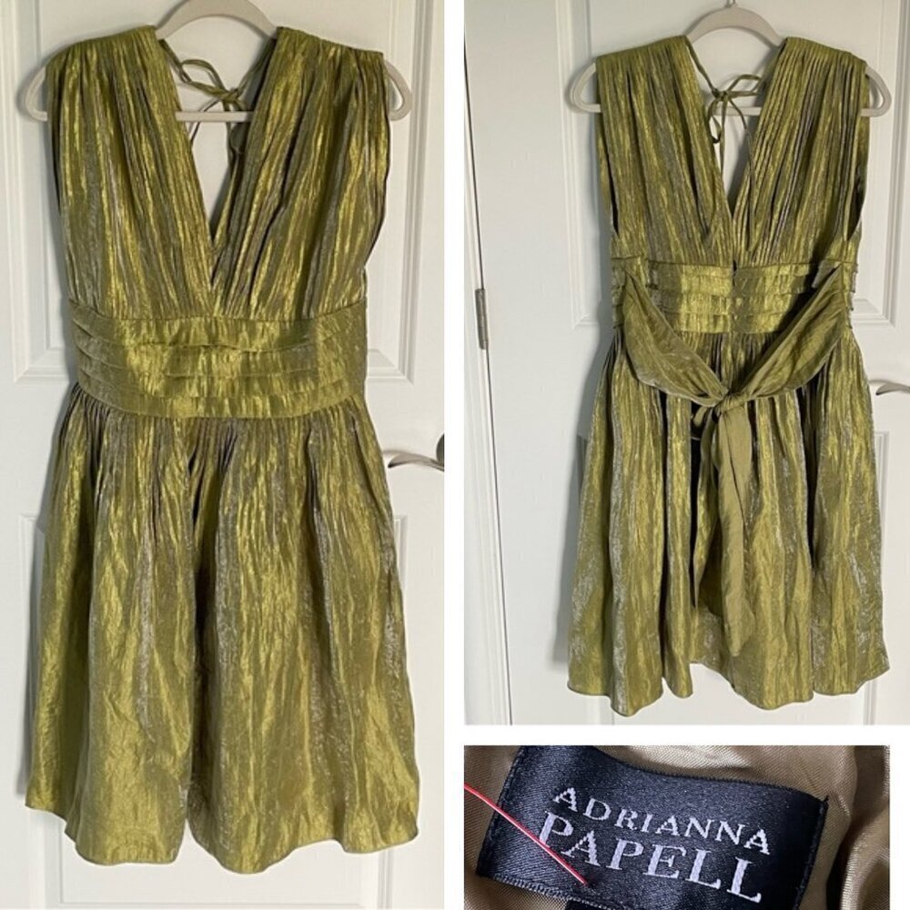Adrianna Papell Green Metallic Pleated Plunge Mini Dress - 35588